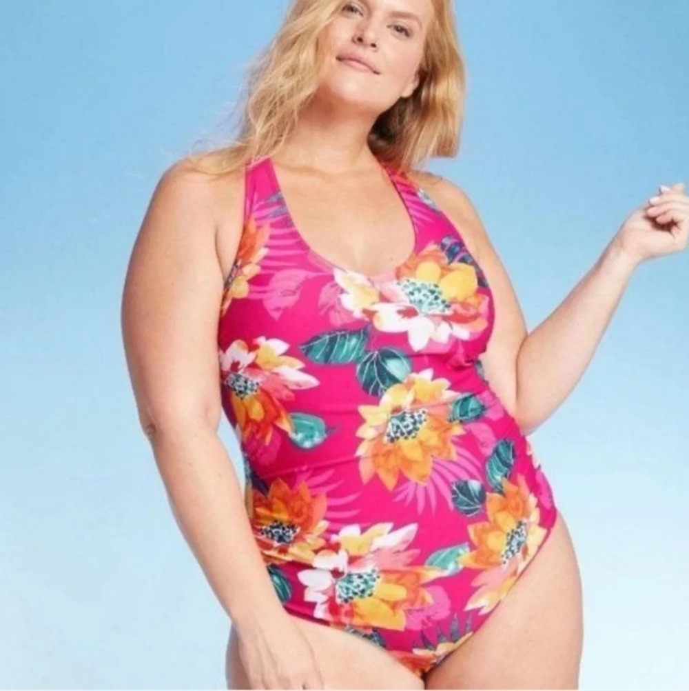 Kona Sol Pink Floral tropical One Piece swimsuit with Strappy Back Flattering